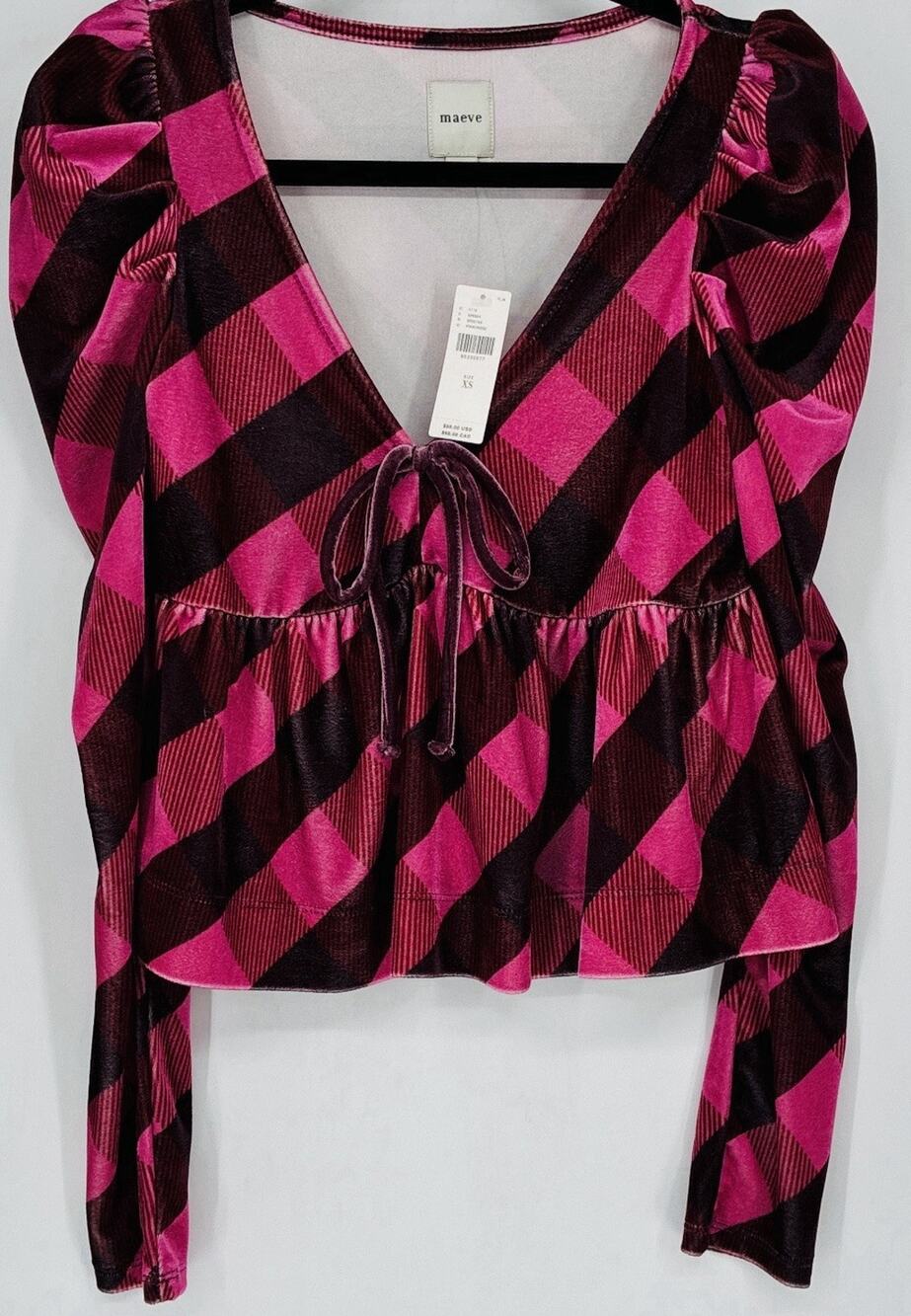 Maeve Anthropologie XS Pink Buffalo Plaid Peplum Puff Sleeve Tie Front Top NWT